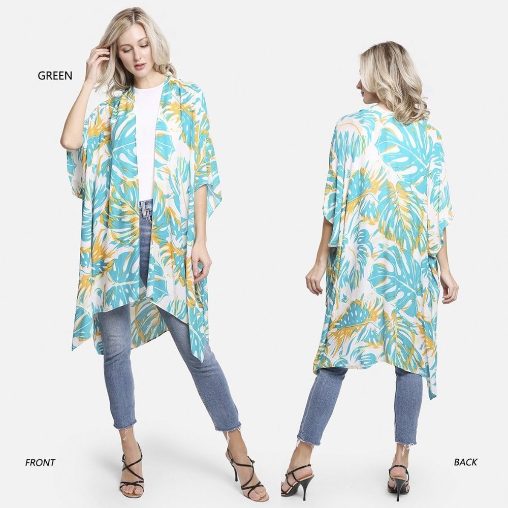 P/S Monstera Leaves Print Long Cover Up·Kimono·Wrap·Swimsuit Cover·ComfyLuxe